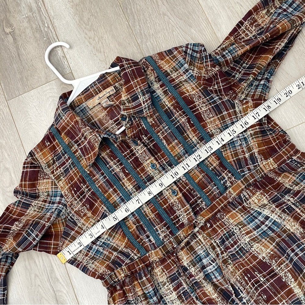 Plaid Peasant Top pintuck fit flare button up womens Brown (medium) boho folk - Picture 3 of 5